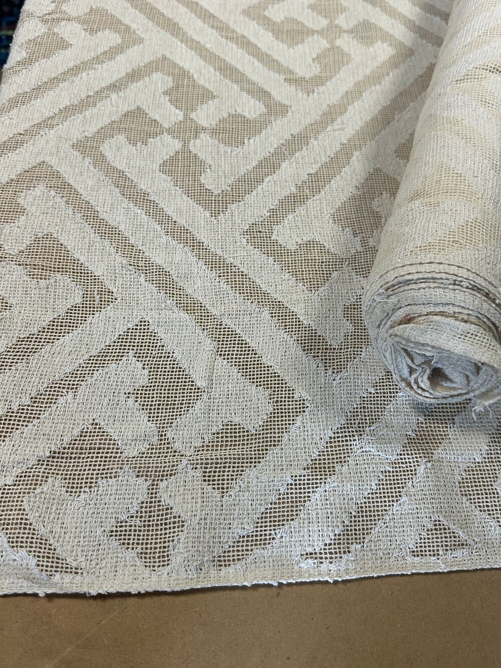 Beige Drapery Fabric Geometric Pattern Cotton Textile 46" W